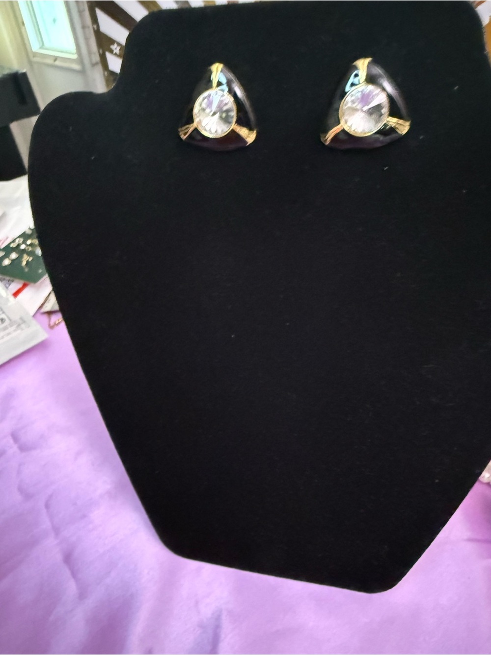 Art DecoGold-Tone Black Enamel Crystal Teardrop Stud Earrings
